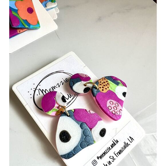 Handmade Polymer Clay Earrings Handcrafted Artwork Floral - Picture 6 of 6